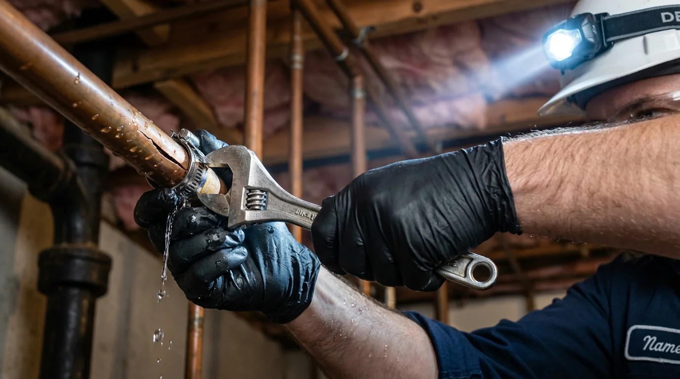 Emergency pipe clamp repair being performed by a Johns Plumbing LLC plumber in Taylorsville