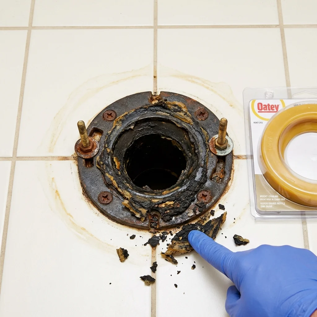 Failed wax ring showing water seepage at the base of a toilet in a Taylorsville, NC home