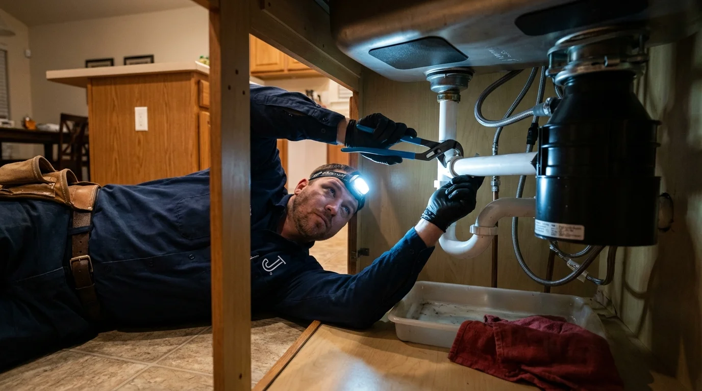P-trap and supply line connections under a kitchen sink showing a common leak point in Taylorsville, NC
